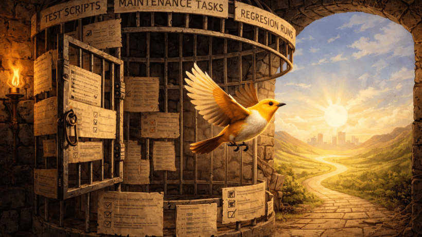 The cage door is open, a bird (representing QEs) flees the cage (representing the burden of scripted testing) to explore the unknowns. Source: AI